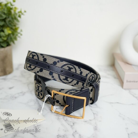 NWT Tory Burch 88072 1.5" T Monogram Logo Jacquard Leather Belt Size M/L - Picture 1 of 6